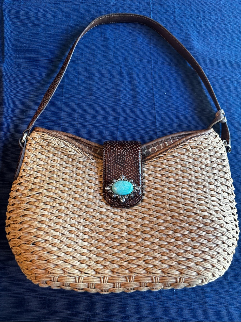 Brighton Woven  Straw Shoulder Bag with Turquoise Accent